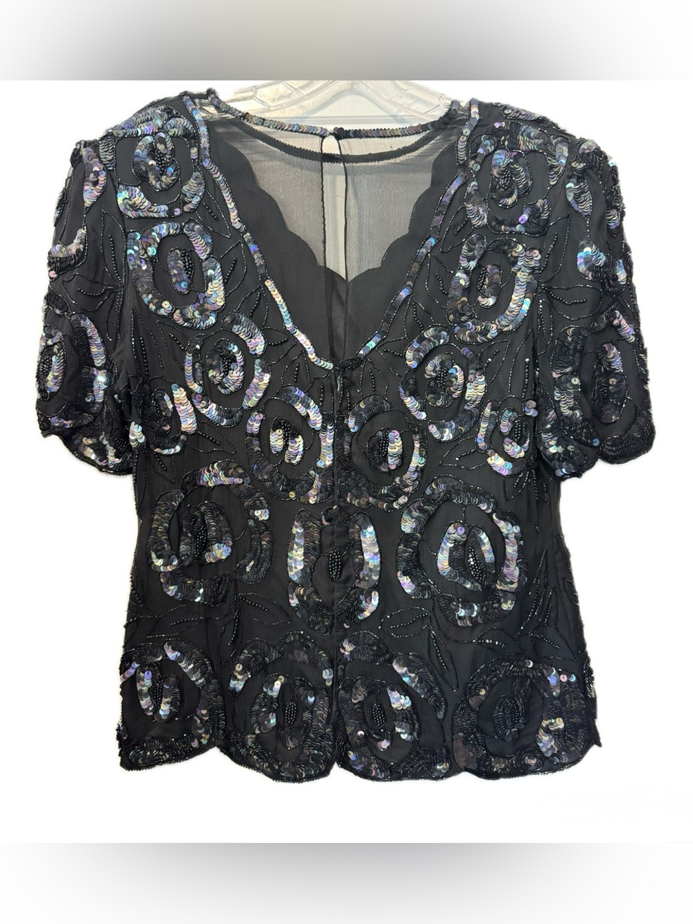 Vintage Laurence Kazar Black Sequin Beaded Silk Blouse Top XL Evening Party Glam